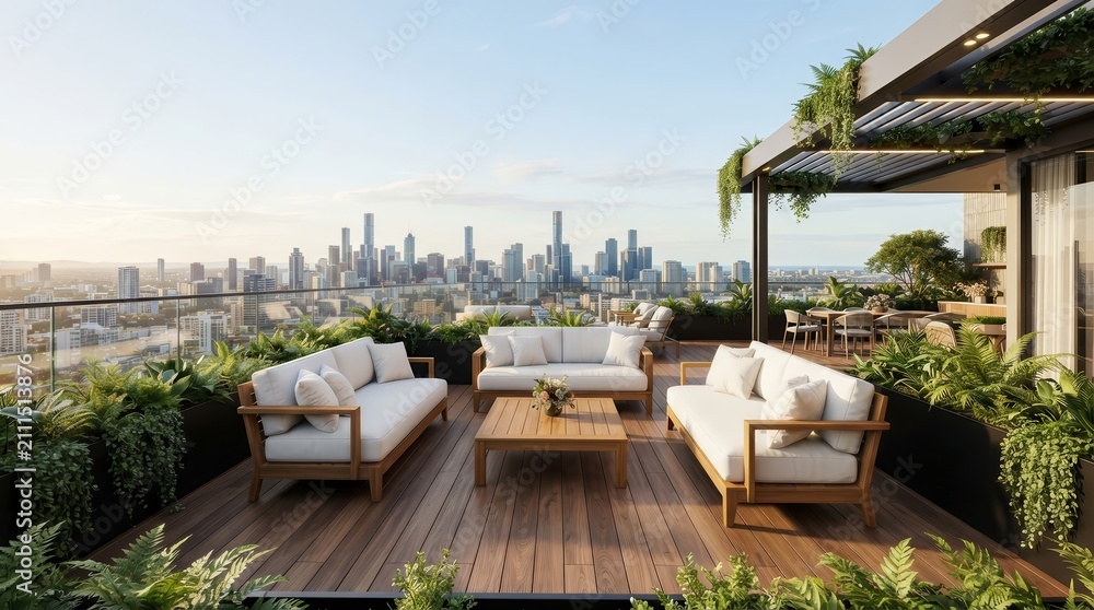 Fototapeta premium Luxury apartment balcony with a modern rooftop terrace and city skyline view.