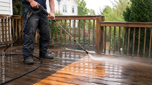 Professional pressure washing of a wooden deck, worker cleaning outdoor patio with high pressure water spray, home maintenance and deck restoration service