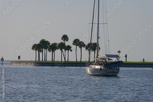 A sailboat drifts near a palm-lined breakwater under a clear sky, with gentle ripples on the coastal waterway conveying relaxation, leisure and quiet coastal travel Vinoy park in St. Petersburg, FL
