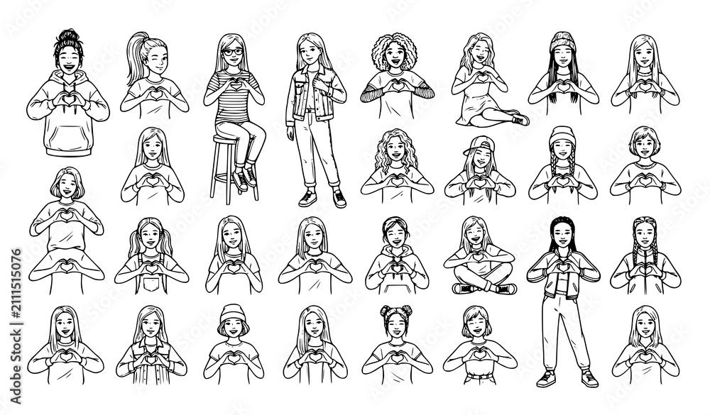 Obraz premium Hand Drawn Teenage Girl Heart Sign Collection with Youth Sketch Illustrations