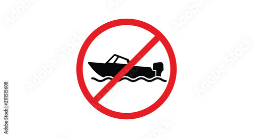 Фотография Motorboat prohibition sign with red circle and slash black silhouette boat speed