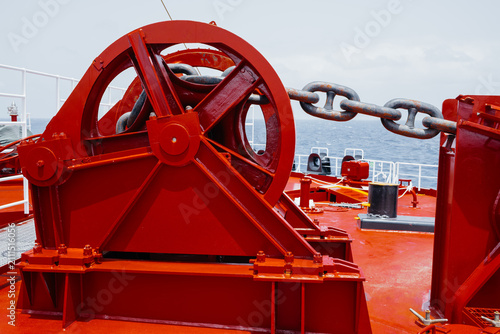 Anchor windlass and chain on oil tanker deck
