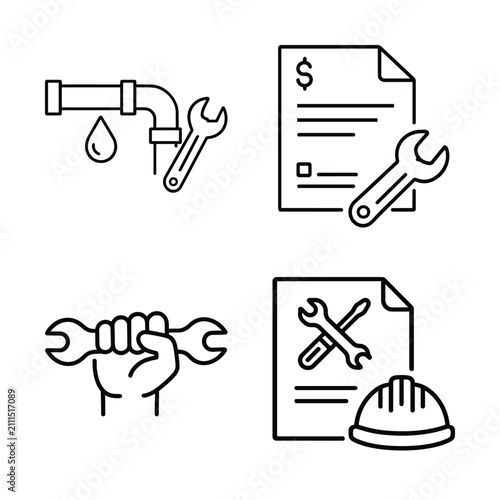 Repairman icon set with leaking pipe, service invoice, wrench in hand and maintenance document for plumbing and repair management
