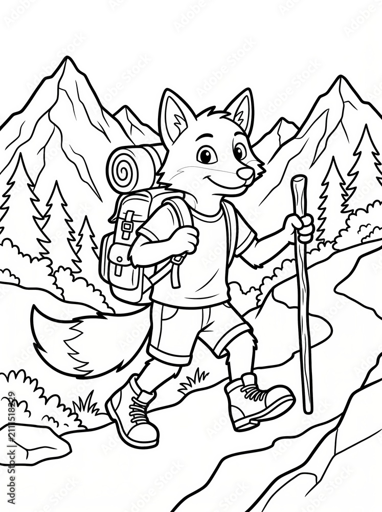 Fototapeta premium Coloring page, confident fox carrying a hiking backpack on a trail.