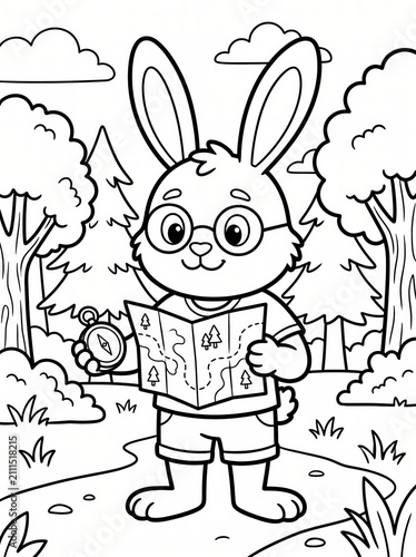 Coloring page, smart bunny holding a map and a compass.