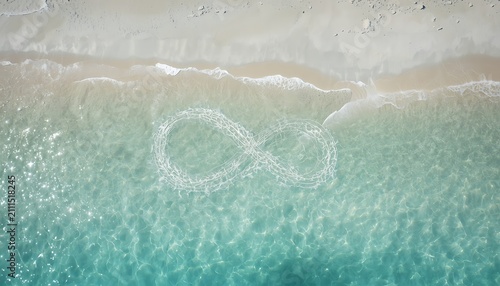 Ultra-photorealistic aerial coastal scene featuring an oversized infinity symbol carefully traced into untouched pearl-white shoreline at low tide, bordered by luminous turquoise shallows