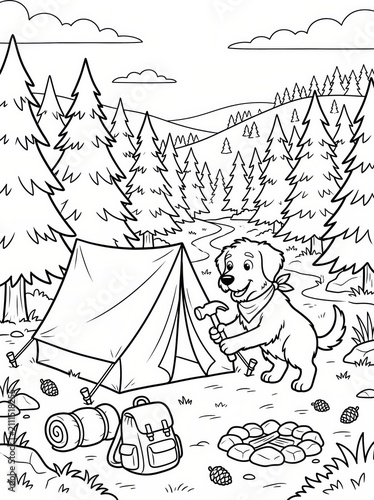Coloring page, cute dog setting up a camping tent in a pine forest.