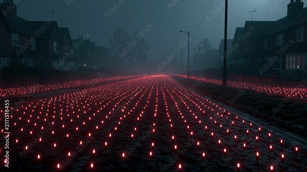 Fototapeta premium An army of tiny identical devices marches in a red formation along a dark street in a suburban neighborhood at night.