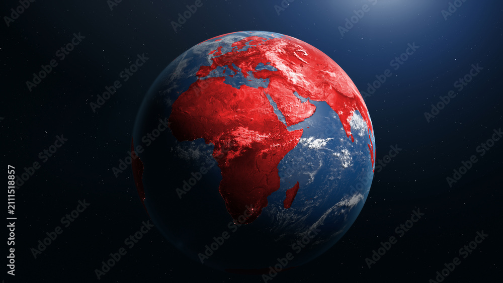 Fototapeta premium Earth viewed from space with Africa and Eurasia highlighted in red, oceans blue, clouds white, against a starry night sky.