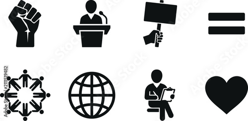Set of social justice and human rights black and white vector icons representing equality