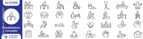 Cuadro en lienzo 32 Rehabilitation Vector Outline Icons Set – Physical Therapy, Recovery, Physiot