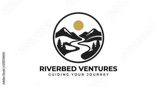 Minimalist circular landscape logo design for Riverbed Ventures featuring mountains and river.