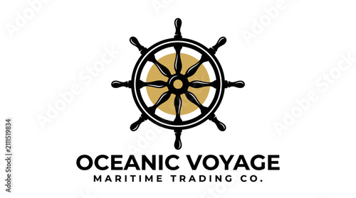 Vintage nautical ship steering wheel logo design.