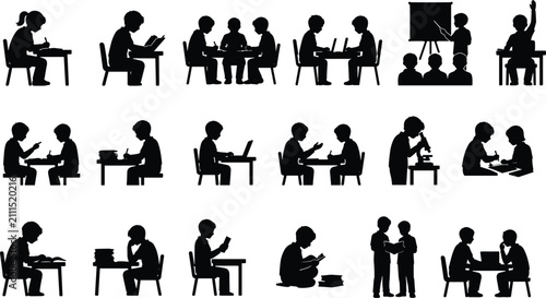 Set of School Children Silhouettes Engaged in Studying Reading Group Work and Classroom Learning Activities