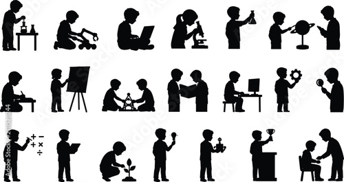 Set of School Children Silhouettes Engaged in STEM Learning Science Robotics Technology and Research Activities