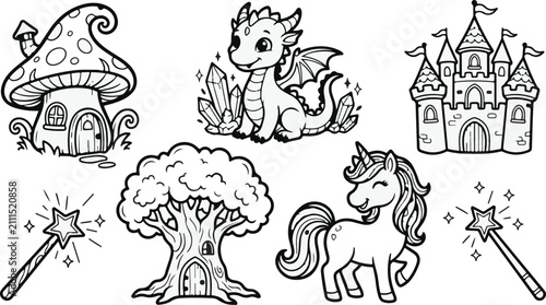 Bild auf Leinwand Fantasy elements vector outline set for coloring book page with cute dragon, uni