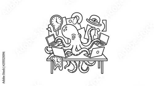 A line art illustration of a multitasking octopus working on multiple laptops at a desk.