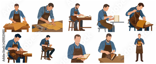 Fotografie Set of Vector Illustrations of a Professional Male Craftsman Making Handmade Lea