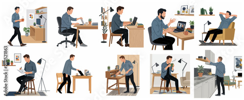 Foto Flat vector illustration set of a man in various daily remote work scenes, including working on a laptop, video calling, relaxing, and taking coffee breaks in his home office and kitchen
