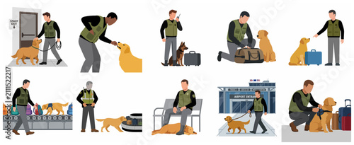 Fotografie Professional airport security officers and sniffer dogs inspecting luggage and p