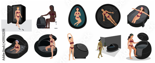 Foto Set of women using sensory deprivation float tanks and cryotherapy pods for well