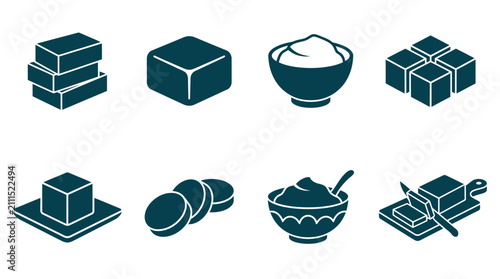 Foto Tofu and bean curd icons for vegetarian cooking.