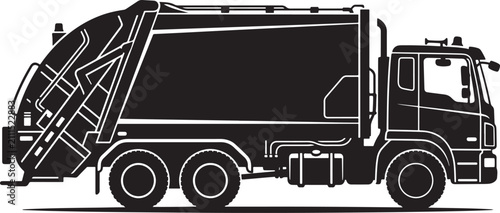 Foto Black and white silhouette of a heavy-duty garbage collection truck, side view o