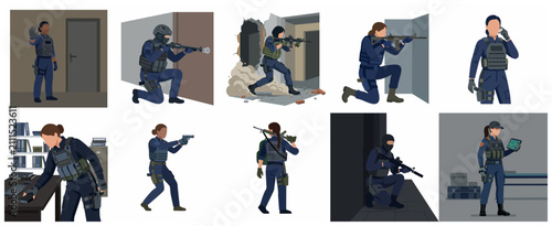 Quadro su tela Set of SWAT and special forces police officers in tactical gear, female and male law enforcement agents in action poses, flat vector illustration