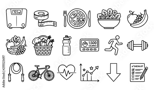 Fotografía Weight loss fitness healthy diet and nutrition editable thin stroke icon vector