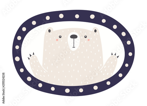 Cute white bear looking from porthole window waving illustration isolated. Fr...