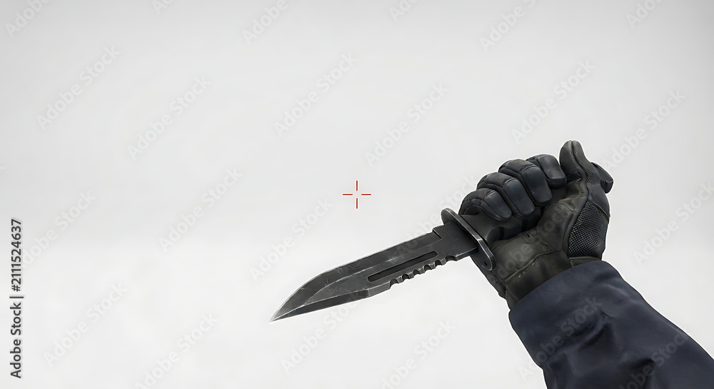 Fototapeta premium A character in a shooting game is holding a knife against a white background.