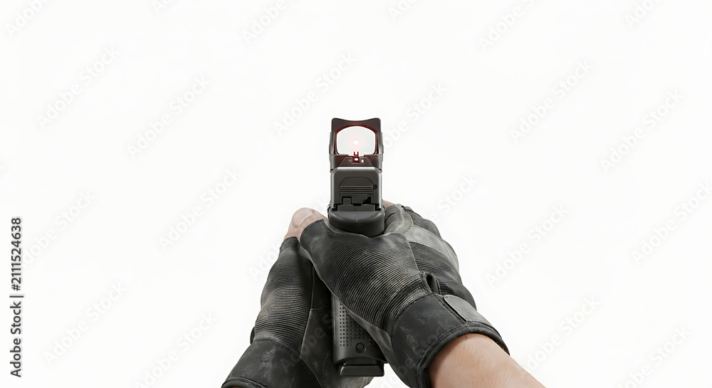 Fototapeta premium A character in a shooting game is holding a handgun against a white background.