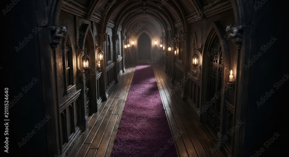 Fototapeta premium Miniature diorama of a gothic corridor with a purple carpet.
