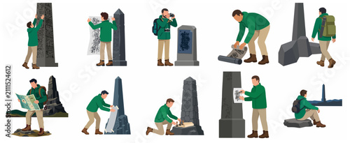 Foto Set of archaeologist characters exploring ancient stone monuments and obelisks i