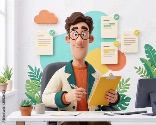 Young man working at desk with clipboard and plants in modern office  