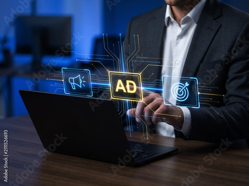 Digital advertising concept with business professional using laptop
