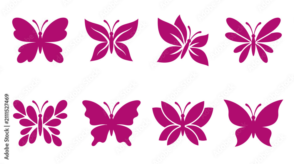 Fototapeta premium Magenta butterfly silhouettes in various artistic wing shapes.