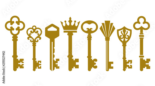 Collection of elegant golden skeleton keys icons.