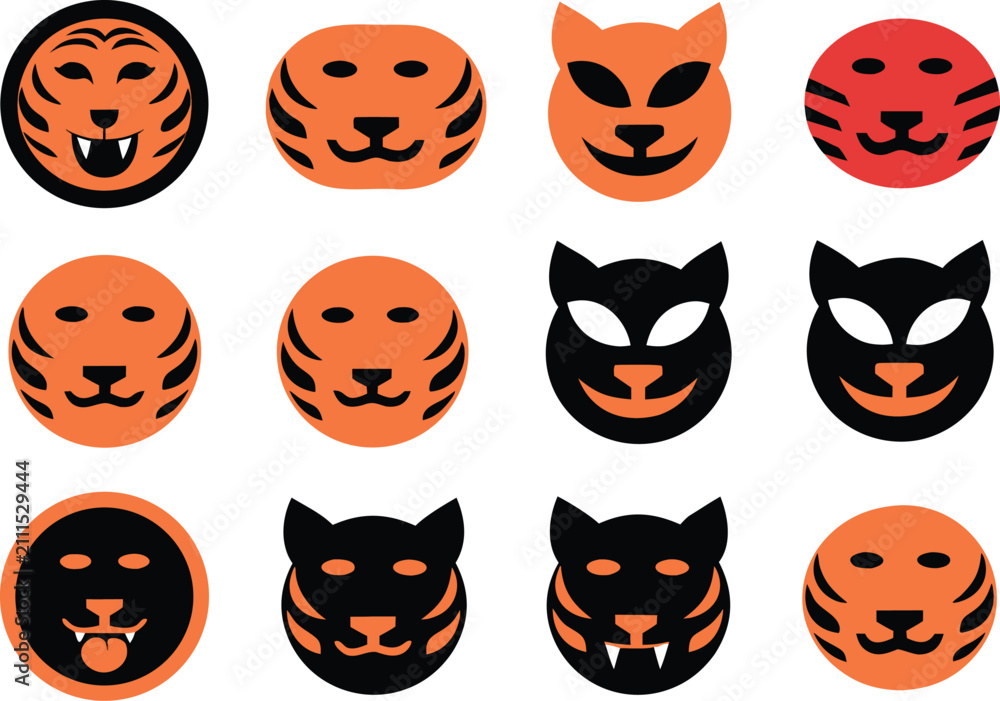 Fototapeta premium Tiger face icons set in various orange and black styles for branding and graphic design projects