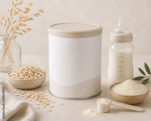 Blank Baby Formula Can Mockup with Bottle, Milk Powder and Oat Ingredients