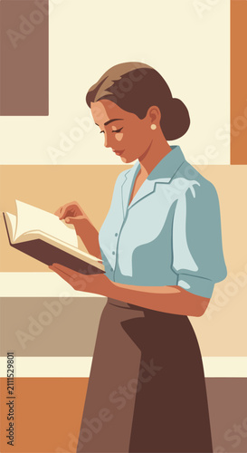 A woman intently reads an open book in a serene, abstract setting