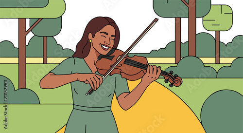 Joyful musician plays violin outdoors