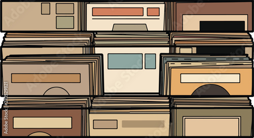 Stacked paper files and documents create an abstract, organized pattern