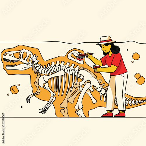 Person brushes dinosaur fossil in simplified cartoon style