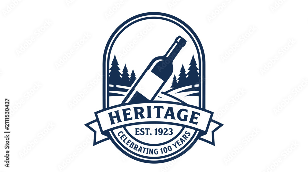 Obraz premium Vintage heritage wine logo design with forest and bottle illustration.