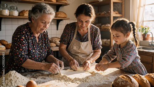Three generations of women baking bread together in traditional kitchen, Three Generations Working in a Family Bakery, Grandmother Daughter granddaughter  baking dough