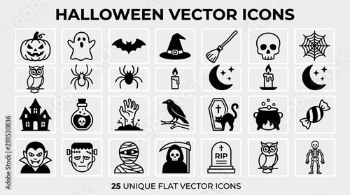 Vászonkép Halloween themed flat vector icons collection set.