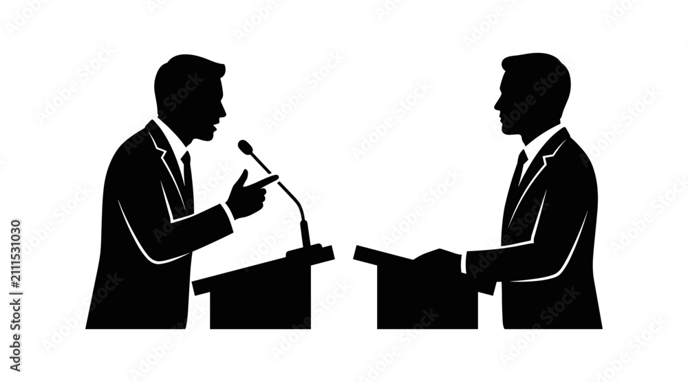 Obraz premium Two Men Shaking Hands and Speaking at Podiums in a Formal Setting Featuring Business, Meeting, Discussion with Debate