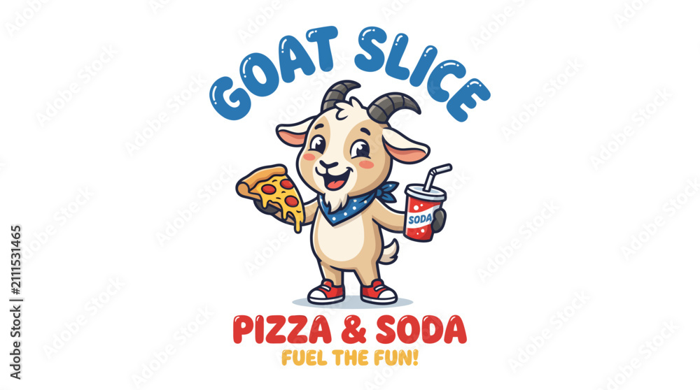 Fototapeta premium Cute cartoon goat mascot character holding a slice of pizza and a soda cup for a fast food restaurant logo.