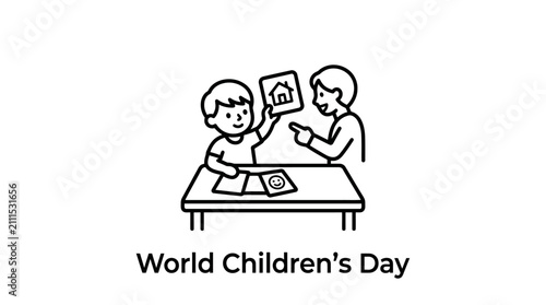 Line art illustration of a child and teacher learning with flashcards for World Childrens Day.